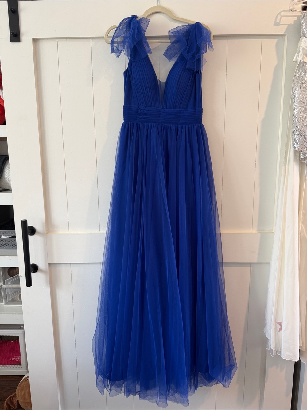 Betsy Adam Royal Blue Tulle Gown with Bow Shoulders